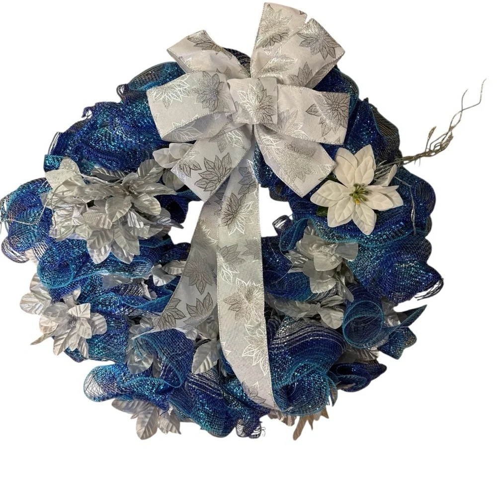 Handmade Blue & Silver Snowflake Deco Mesh Wreath Winter/Christmas Decor 22